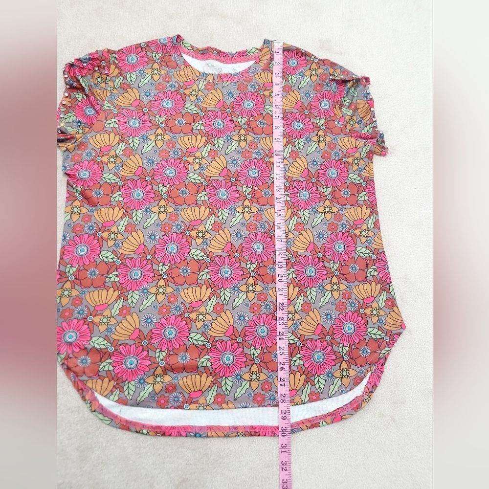 Two 2 Fly Women’s Size XL Floral Blouse Rhinestone Embellished Sleeve Brown Pink - Picture 8 of 8